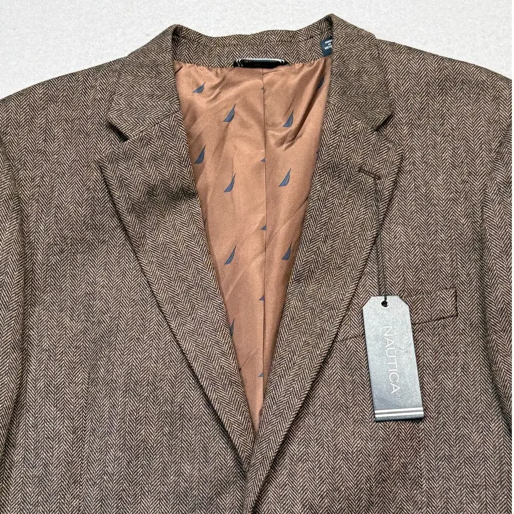 Nautica Men's Modern-Fit Solid Herringbone Tweed Sport Coat Brown 44L $295